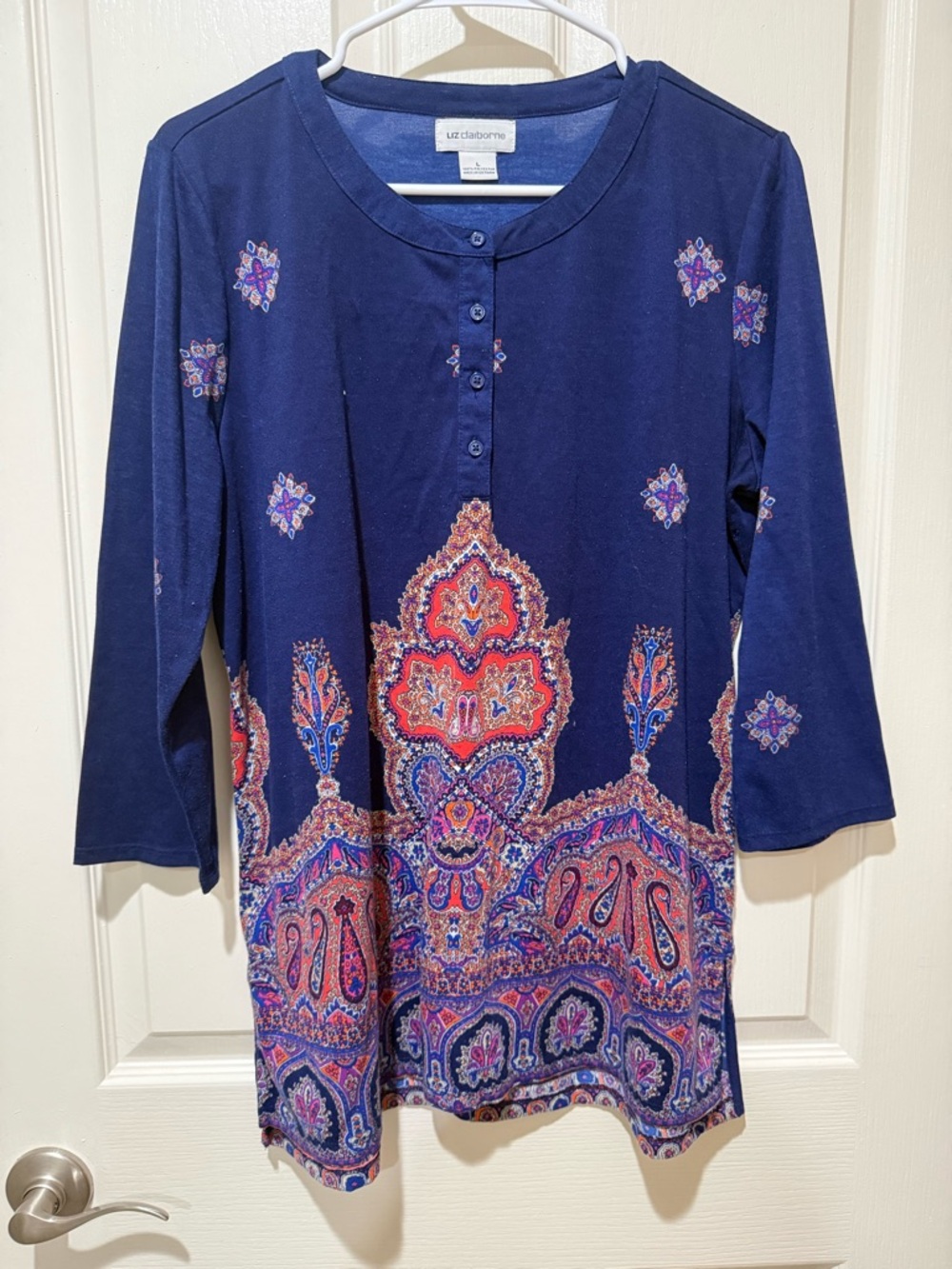 Liz Claiborne Navy Paisley Henley Top with Red and Orange Accents